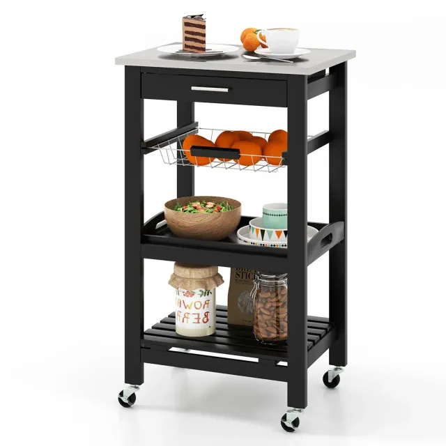 Costway Compact Kitchen Island Cart Rolling Service Trolley with Stainless Steel Top Basket