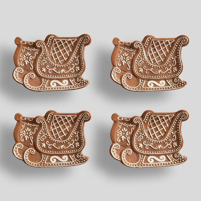 Gingerbread Sleigh Stoneware Appetizer Plates, Set of 4 - Brown