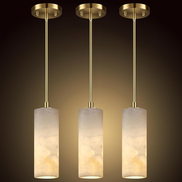 Tonabona 3 Pack 1 Light Hanging Natural Polyhedral Alabaster Marble Pendant Ceiling Light Fixture,Modern Industrial Farmhouse Kitchen Island Light Gold Finish Over Sink Restaurant bar Corridor