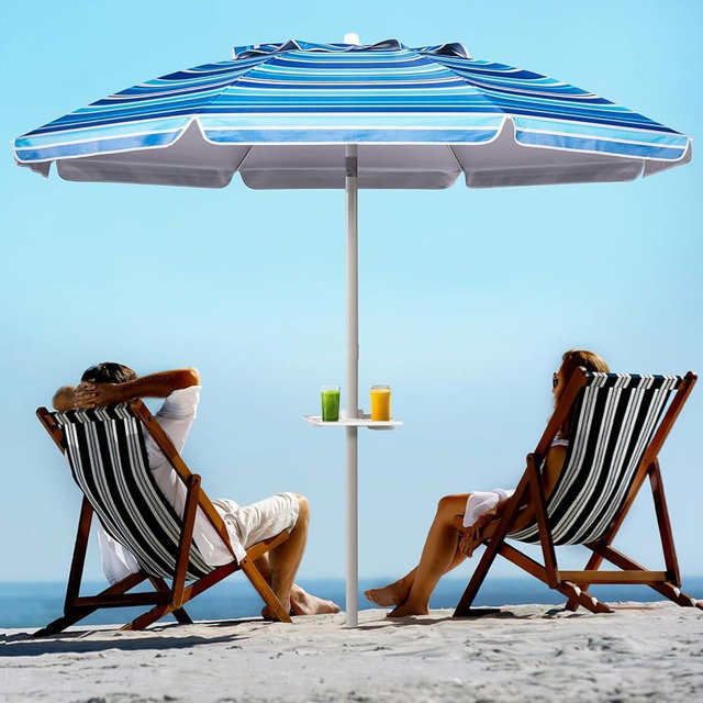 Aoxun 8ft Beach Umbrella with Tray and Tilt Pole Portable Patio Umbrella with Sand Anchor and Carry Bag Outdoor UPF 50+ Sun Shelter with Air Vents Design (Navy Blue)