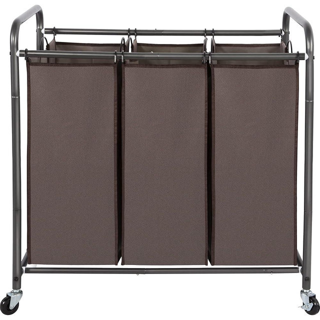 STO STO Laundry Sorter 3 Section, 3 Bag Laundry Hamper, Rolling Laundry Cart, Laundry Basket with Heavy Duty Lockable Wheels and Removable Bag for Clothes Storage, Brown