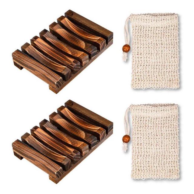 2 Pieces Soap Dish Wood Shower, 2 Pieces Soap Bags, Natural Bamboo Soap Box, Organic Soap Bag with Cord, Prevents Soap Residue on Your Sink Shelf for Bathroom Sinks