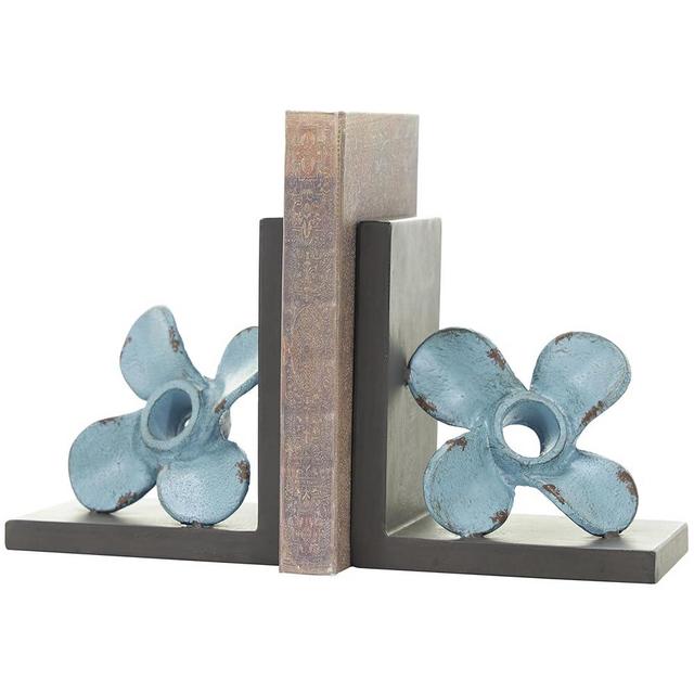 Deco 79 Metal Boat Decorative Bookends Distressed Propeller Non Skid Bookends with Brown L-Shaped Stands, Set of 2 Office Bookends6 W, 7" H, Teal