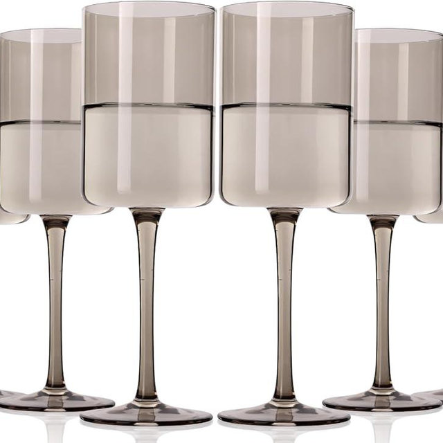 TrophyToast Smokey Sand Wine Glasses Set of 6-14oz【 Hand Blown 】 Square Colored Wine Glasses,Colorful Wine Glasses with Tall Long Stems, Modern Glasses Set of 6 For All Occasions