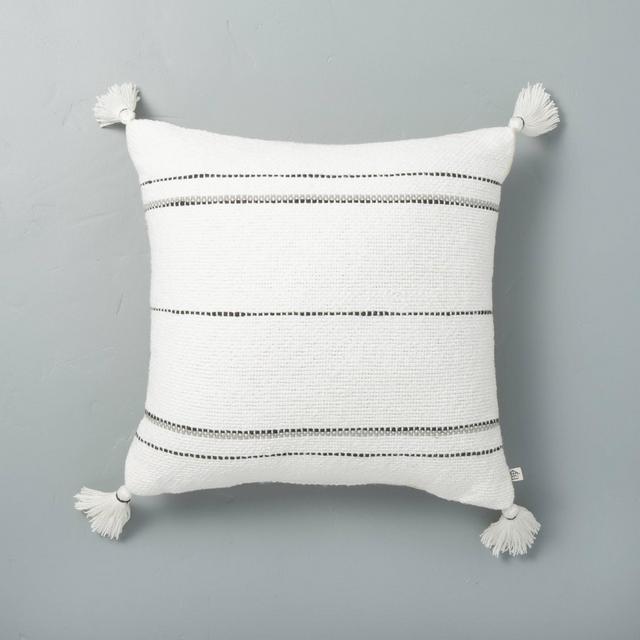 18" x 18" Dotted Stripes with Tassels Throw Pillow Sour Cream/Gray - Hearth & Hand™ with Magnolia