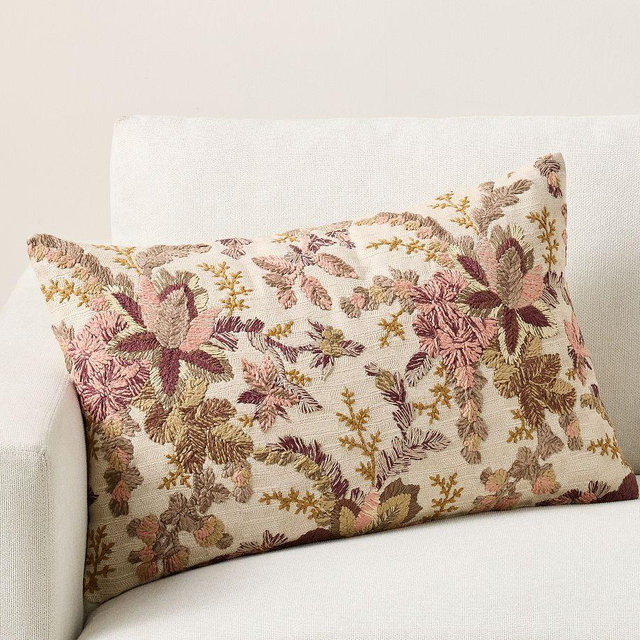 Aila Embroidered Lumbar Pillow Cover, Neutral Multi, 16" x 26"
