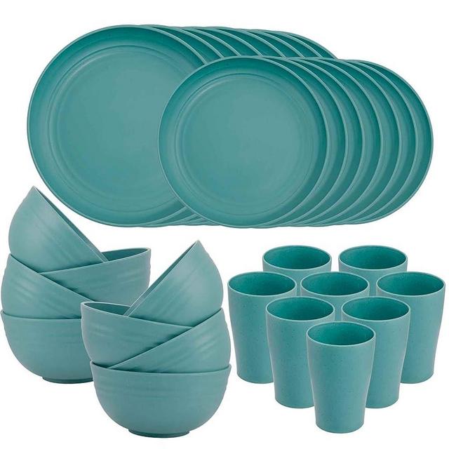 Supernal 32pcs Wheat Straw Dinnerware Sets,Dinnerware Sets for 8,Unbreakable Dinnerware,Reusable Tableware,Dark Green Set 16pcs Plates, 8pcs Bowls, 8pcs Cups,Microwave Dishwasher Safe