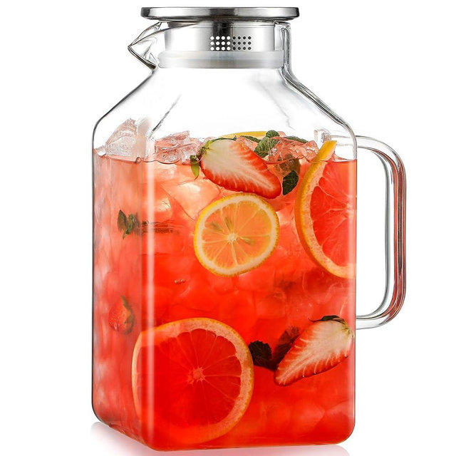 1 Gallon Square Glass Pitcher with Lid and Spout, Water Pitchers with Handle for Fridge, Borosilicate Glass Carafe for Hot/Cold Drink,Extra Large Jug for Iced Tea, Coffee,Juice,Beverage, Clear