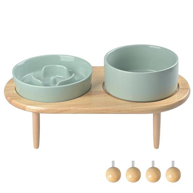 SPUNKYJUNKY Raised Ceramics Slow Feeder with Dog Water Bowl Combo Pack for Small Medium Breed with 2 Style Stand Adjustable Anti-Choking Raised Pet Bowl Set(Light Green+Light Green)