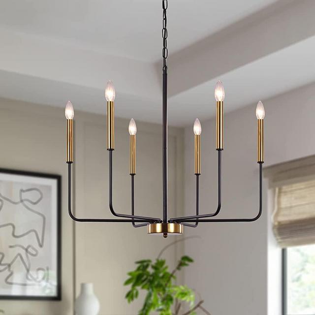 Modern Farmhouse Chandelier for Dining Room, ZCHAOZ 6 Lights Chandelier Light Fixture Adjustable Height, Black and Gold Hanging Candle Pendant Lighting for Kitchen Island Living Room Bedroom Foyer