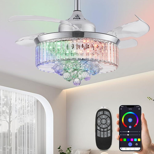 48" Retractable Crystal Ceiling Fan with Light, RGB Modern Fandelier 6 Speeds Reversible Blades Dimmable Chandelier Ceiling Fan with Remote App Control Memory Timer Silver