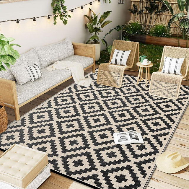 OLANLY Waterproof Outdoor Rug 6x9 ft, Outdoor Plastic Straw Rug for Camping, RV Mat Outside, Outdoor Carpet for Porch, Deck, Backyard, Balcony, Picnic, Black & Beige