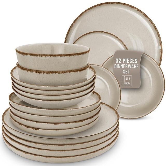 Stoneware dinnerware set 8 persons Rustic 32 pcs - Rustic design dinnerware set, dishwasher safe - Bowl and plate set - Pure Living dinnerware in beige…