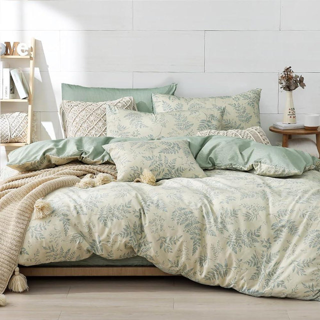 LEMIROE Botanical Cotton Comforter King Size - Dusty Green Comforter Printed with Luxrious Bluish-Grey Ferns on Beige,Reversible Lightweight Bedding Sets 3Pcs(104"×90")
