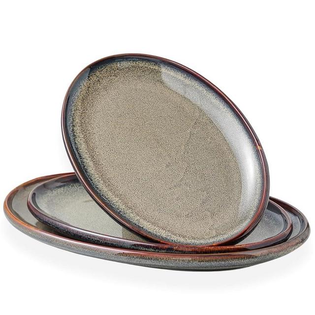 KYBSCZ Ceramic Large Serving Platters- Set of 3 Oval Platters for Entertaining. Modern Kitchen Dishes for Dinner, Fruit, Salad, Turkey, etc. Oven, Dishwasher Safe, 15.75" / 13.75" /12",Caramel Brown