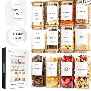 Square Glass Storage Containers with Bamboo Lids 12-Pack (4x 30 oz, 8x 17 oz) Airtight Glass Storage Jars with Lids for Food, Stackable Glass Kitchen Canisters with 114 Labels for Pantry