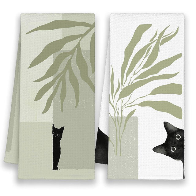 Xmsaitar Black Cat Boho Kitchen Towels Set of 2, Sage Green Botanical Hand Towels Gifts for Bathroom Cat Lovers, Abstract Minimalist Funny Tea Dish Towel Decor for Dorm Home 16x24in