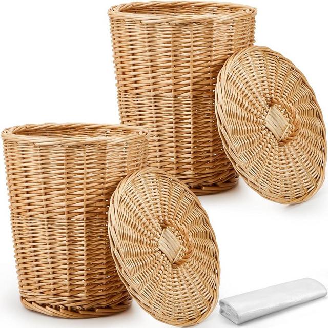 Maxcheck 2 Pieces Wicker Trash Can with Lid Rattan Waste Basket Woven Trash Can with 100 Plastic Garbage Bags for Bathroom Office Bedroom Kitchen Living Room Laundry Storage Supplies