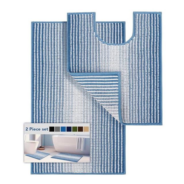 Bathroom Rugs Sets 2 Piece, Toilet Rugs U-Shaped, Contour Bath Mat Set for Bathroom, Soft Absorbent Chenille Bath Carpet, Quickly Dry, Washable (Blue, 32" x 20" + 24" x 20")