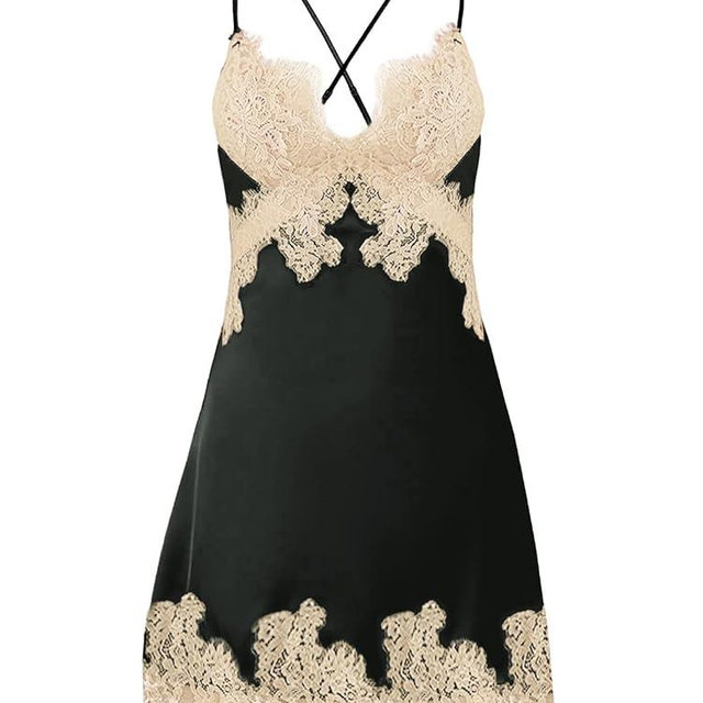 Lilosy Sexy Silk Lace Up Backless Satin Applique Floral Lace Babydoll Lingerie Dress with Tong 2 Piece