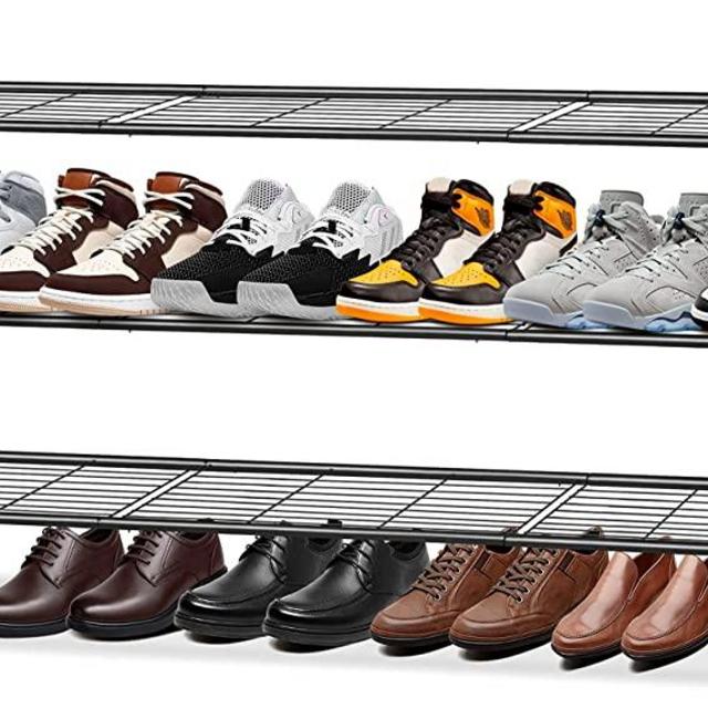 KEETDY 3-Tier Long Shoe Rack for Closet Metal Shoe Organizer for Entryway, Wide Stackable Shoe Storage Shelf with Sturdy Wire Grid for Closet Floor, Bedroom, Black
