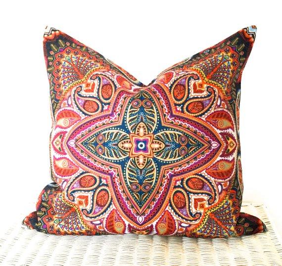 Bohemian cushion cover, hippie cushion, bohemian pillow, mandala cushion, boho throw pillow, purple and green cushion, aztec cushion