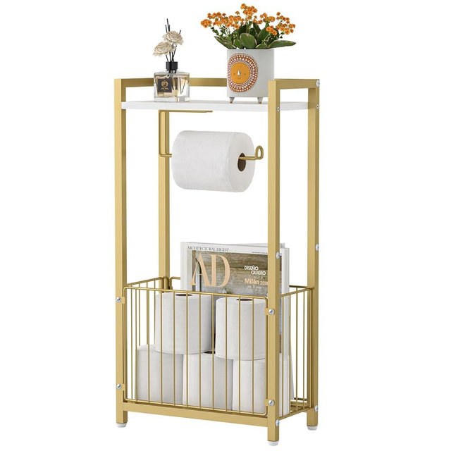 Toilet Paper Holder with Storage Shelf - Freestanding Roll Dispenser for Bathroom, Bathroom Organizer for Tissues and More Gold