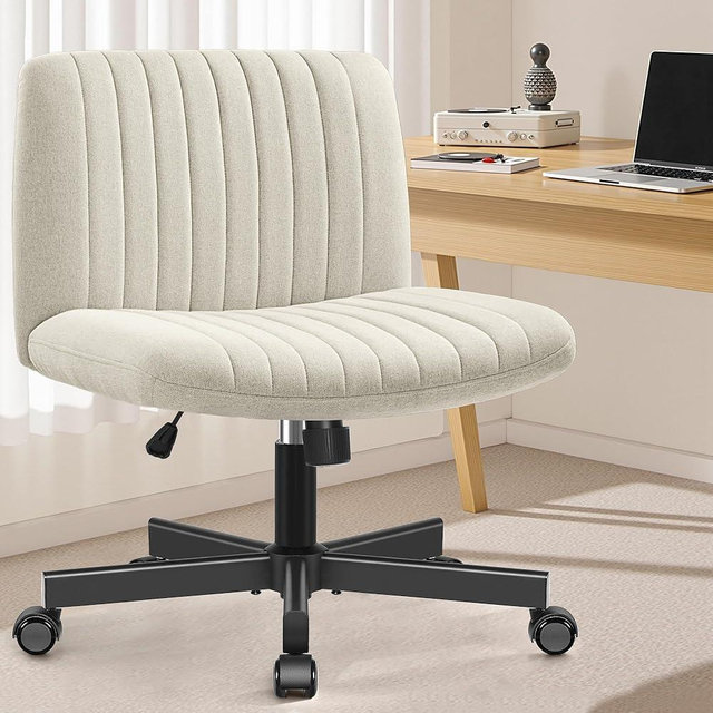 Brick Attic Criss Cross Chair with Wheels Legged Armless Desk Reading Chair, Ergonomic Wide Seat Vanity Swivel Accent Chair, Height Adjustable Comfortable Computer Chair for Home Office Beige