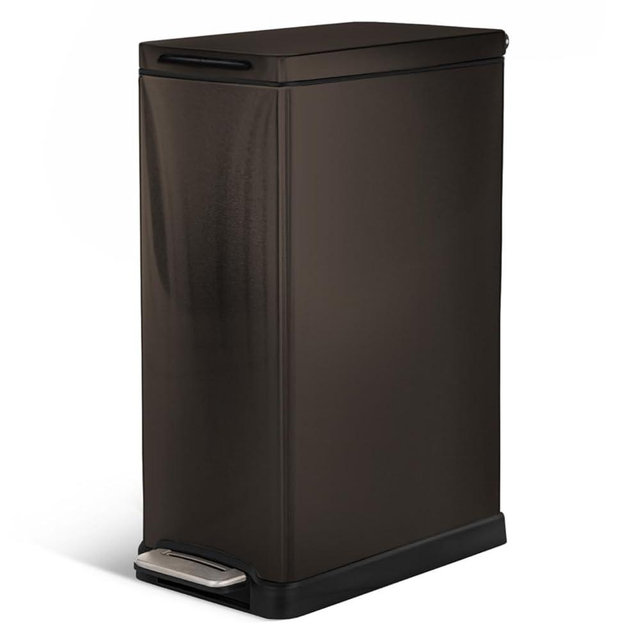 Home Zone Living 12 Gallon Slim Kitchen Trash Can with Soft Close Lid, Step Pedal, Bag Tuck Band, and Removable Liner, Stainless Steel, Black, 45 Liters