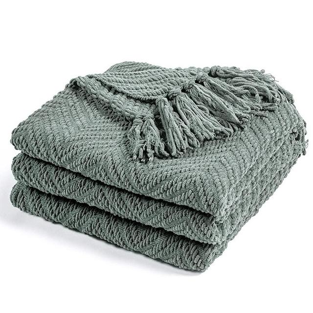 RECYCO Chenille Knit Throw Blanket Twin Size for Couch, Soft Cozy Decorative Sage Green Knitted Blanket Throw with Tassels for Bed Sofa Chair, Woven Chenille Blanket with Bonus Laundry Bag, 60"x80"