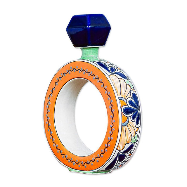 NOVICA Artisan Handmade Ceramic Tequila Decanter Blue Orange Ring Shape Multicolor Mexico Tableware Drinkware Pitchers Decanters Talavera Floral [decanter 9.75in H x 7.75in W x 2.4in D 16 Oz.] '