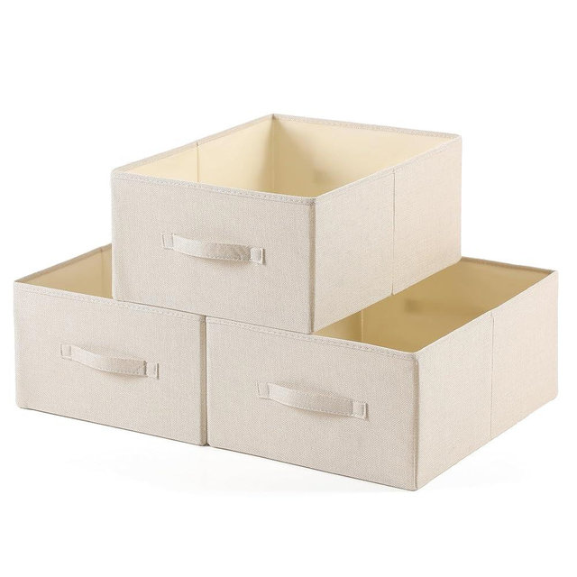 Linen Folding Storage Bins, 3 Pack Large Storage Baskets, Washable, Clothing Storage Bins with Handle, Closet Organizer for Storage Sweater,Sheets(Beige, 18½"x13½"x8½")