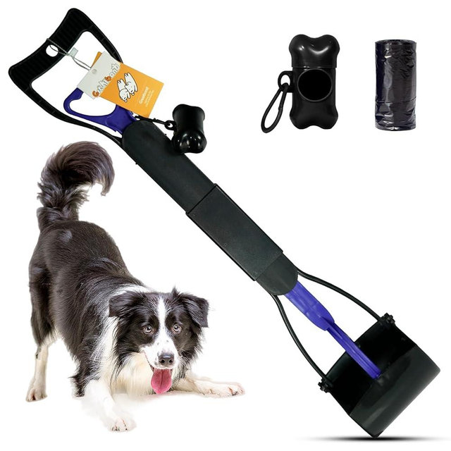 Pooper Scooper with Bags, 32" Long Handle Dog Poop Scooper for Large Medium Small Dogs, Durable Spring and High Strength Material Foldable Waste Pickup Tool for Easy Grass and Gravel Pick Up, Blue