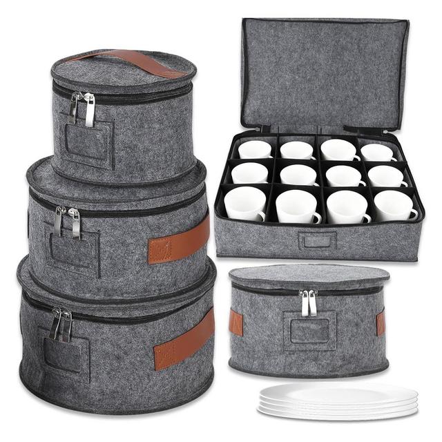 5 Pcs China Storage Containers, Mug Storage Box & Dish Plate Dinnerware Containers for Cups Bowls, Soft Felt China Case for Moving & Protection, Grey