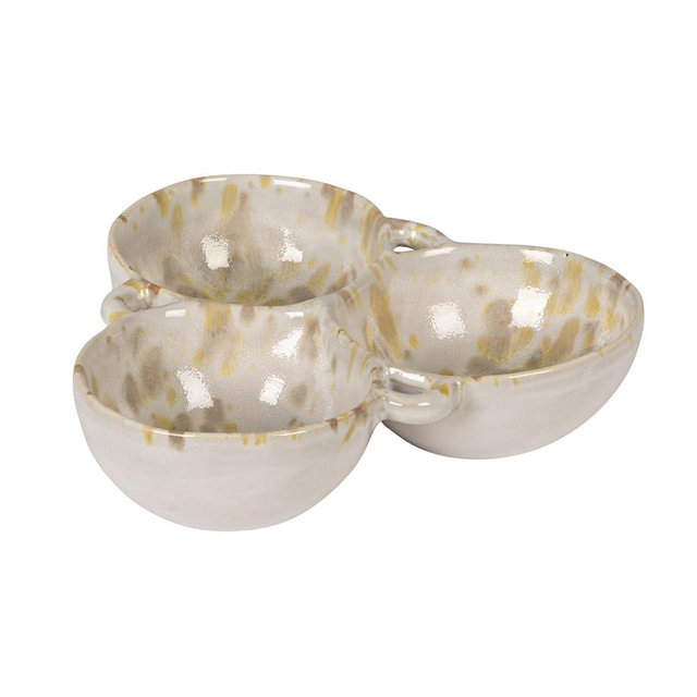 Creative Co-Op Stoneware Multi Bowl with 3 Sections in Reactive Glaze Cream and Green