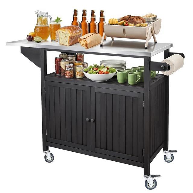 Outdoor Grill Table, Solid Wood Grill Cart with Storage Cabinet, Outdoor Prep Table with Stainless Steel Top, XL BBQ Tables Cart, Movable Outdoor Grill Station with Lockable Wheels, Walnut