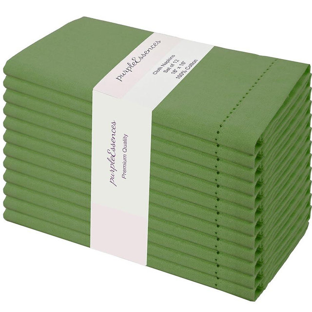 PurpleEssences Set of 12 Hemstitch Cloth Dinner Napkins 100% Cotton - Soft Durable Washable - Ideal for Wedding Spring Summer Easter - Perfect Everyday Use Table Linen 18x18 - Sage Green