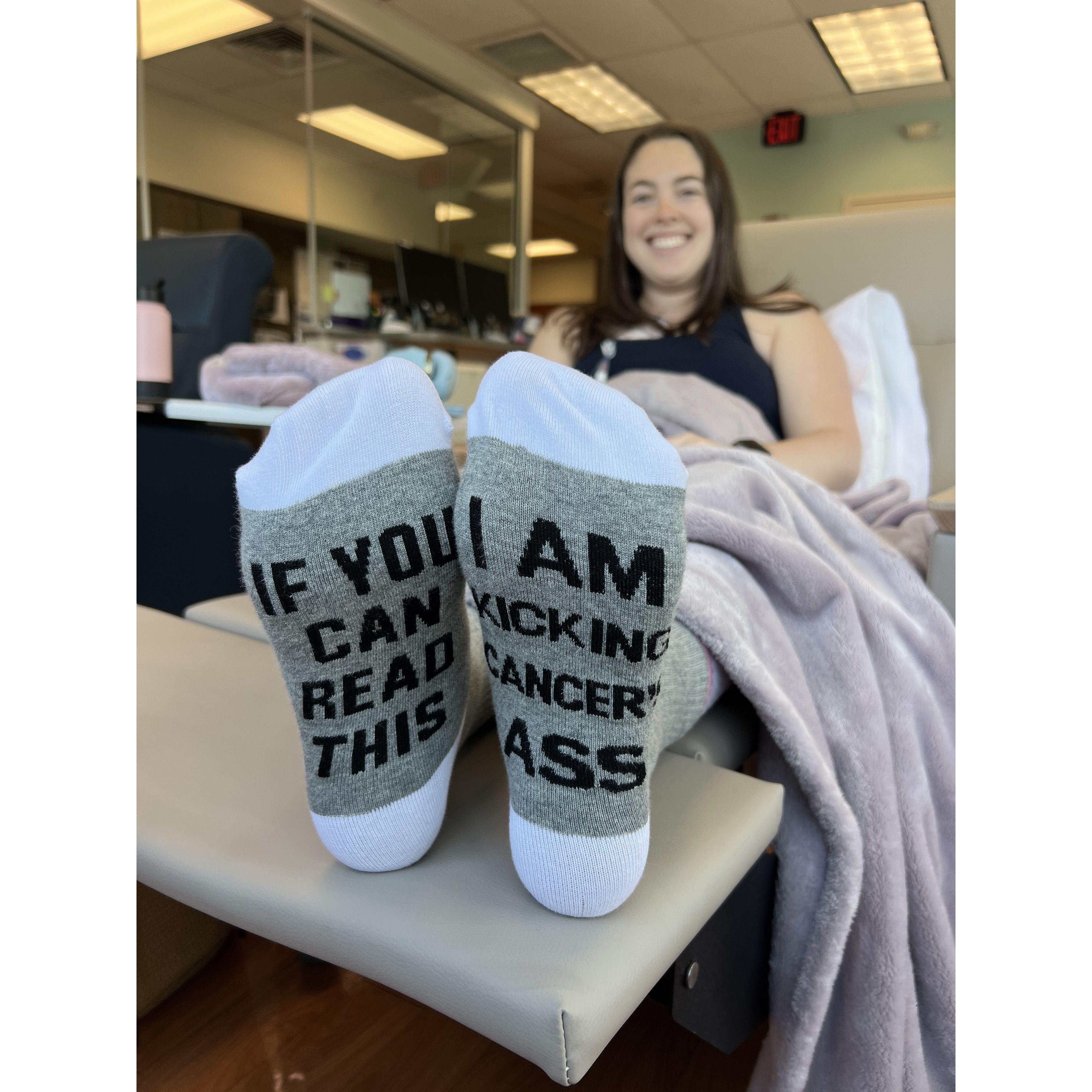 May 3, 2024: Cass's first round of chemo... the socks say it all ;)