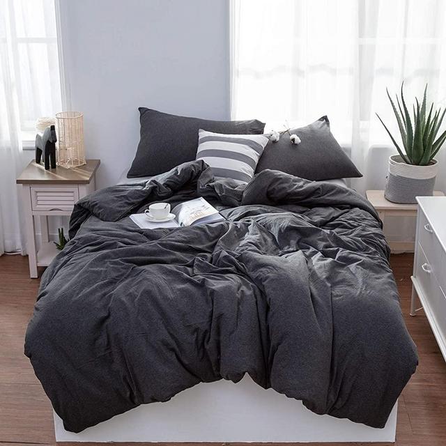 LIFETOWN Duvet Cover Queen - Ultra Soft Jersey Cotton Comforter Cover 3 Piece Set with Zipper Closure & Corner Ties (Queen, Dark Gray)