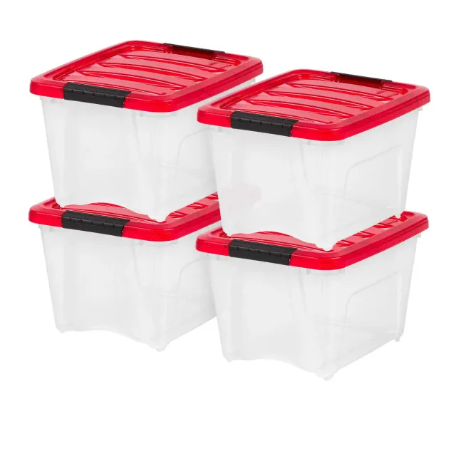 IRIS USA 4Pack 19qt Christmas Plastic Storage Bin with Lid and Secure Latching Buckles, Clear/Red