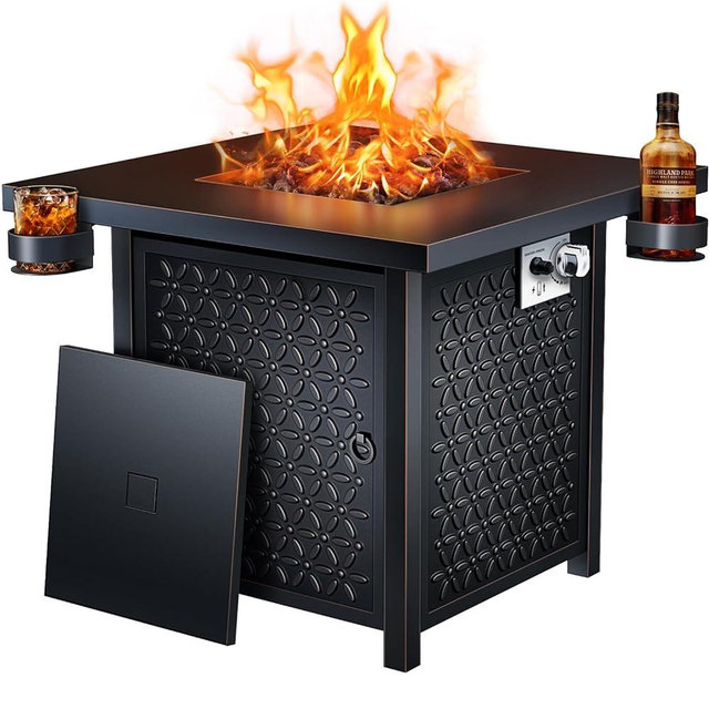 Ciays Propane Fire Pit, 28-inch Fire Pit Table with Two Cup Holders, 50,000 BTU Steel Gas Fire Pit with Pulse Ignition System, Perfect for Patio, Garden & Backyard Gatherings, CIFPT11B, Black