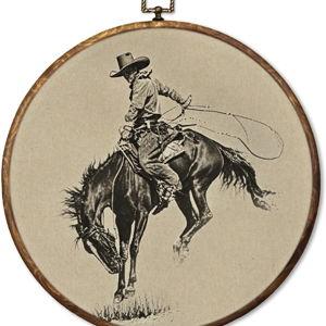 HUGANE Vintage Western Cowboy Round Wall Art Decor, Rustic Country Southwestern Rodeo Bucking Horse Hanging Canvas Framed Prints Wall Sculptures for Home Office Living Room Decor, 10x10 Inch