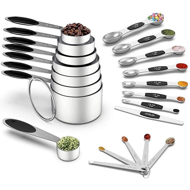 Measuring Cups and Magnetic Measuring Spoons Set, Wildone Stainless Steel 8 Measuring Cups, 7 Double Sided Stackable Magnetic Measuring Spoons, 1 Leveler & 5 Mini Spoons - 21 Piece Black