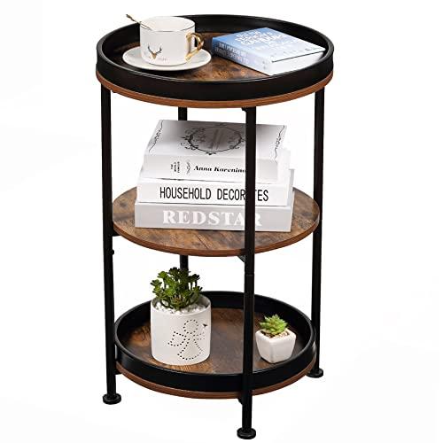 Dulcii Industrial Round End Table, 3 Tiers Round Side Table with Sturdy Metal Frame, Metal Round Sofa Table, Vintage Nightstand for Living Room Bedroom, Easy Assembly, Wood Look Accent Furniture