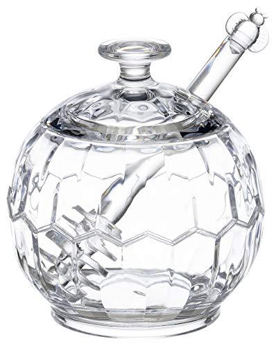 KLIFA- HONEYCOMB Series, Acrylic Plastic Honey Jar Syrup Pot with Dipper and Lid, Clear, 10.15 oz,