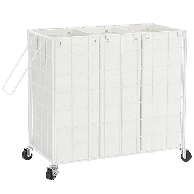 WOWLIVE Laundry Hamper with Wheels,Metal Wire Frame Rolling Laundry Basket 3 Section with Removable bags,155L Dirty Clothes Hamper Organizer Dorm Room Storage for Bedroom,Bathroom,White
