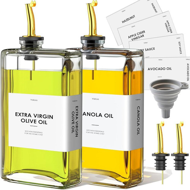 Vakoo Olive Oil Dispenser for Kitchen, Thickened Glass Cooking Oil Bottle, with Stainless Steel Pourer Spout - 2 Pcs, Gold