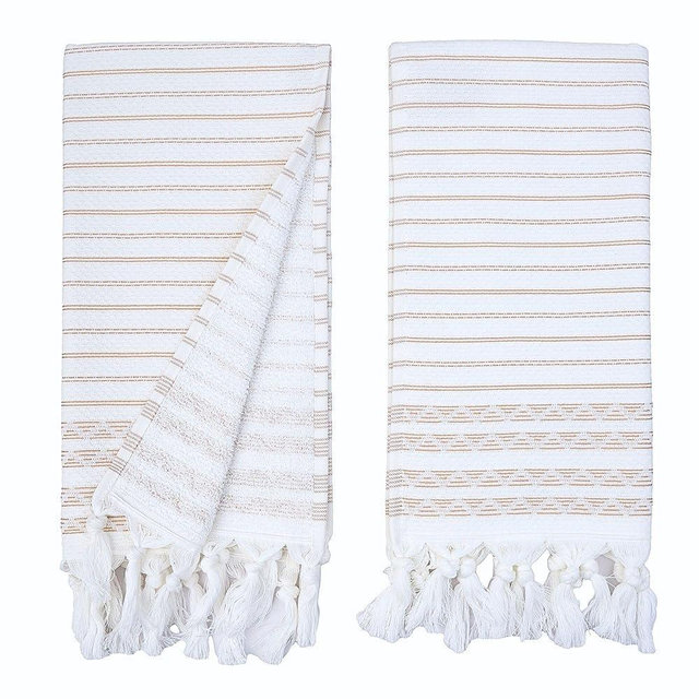 Turkish Cotton Hand Towels Set of 2 – Decorative Kitchen & Bathroom Towels with Woven Front and Terry Backing (Ethnic Lines Beige)