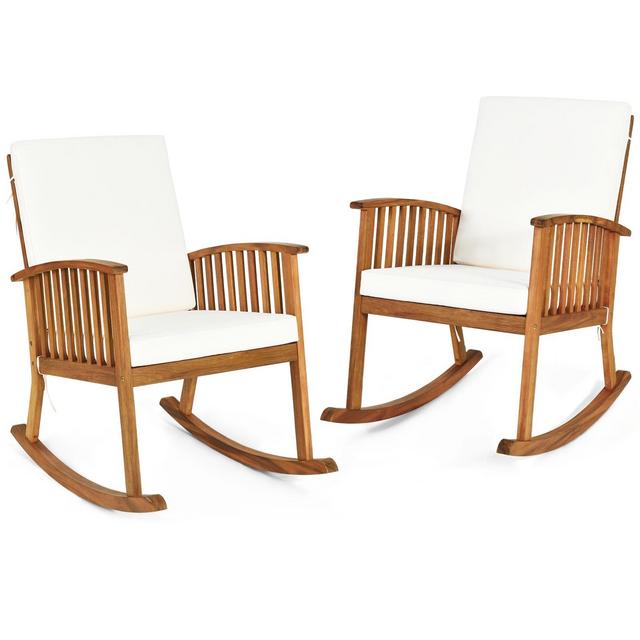 Tangkula 2-Piece Rocking Chair Acacia Wood Rocker w/ Seat & Back Cushions Safe & Comfortable Rocking