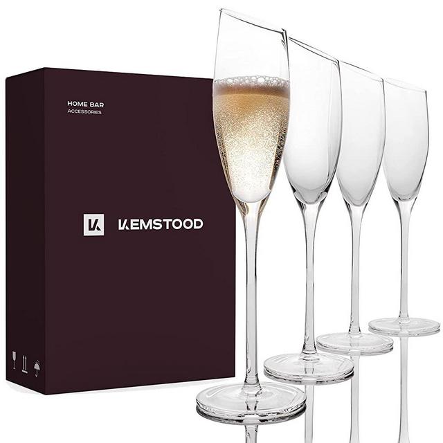 Champagne Flutes Glass set of 4 - Modern Crystal Mimosa Glasses (6 Oz) for Sparkling Wine - Slanted Drinking Cup with Stem - Gift for Wedding, Anniversary, Birthday - Copas de Champaign